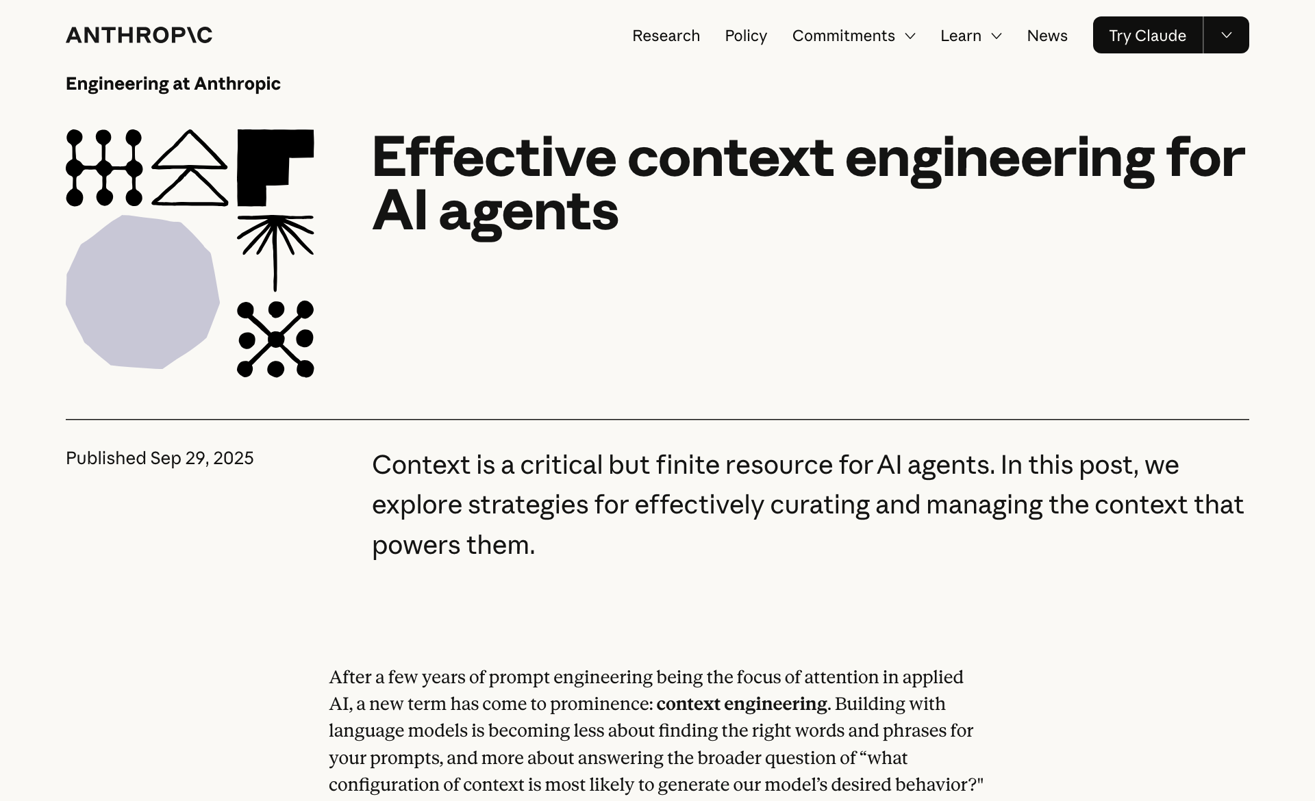 Anthropic の技術ブログ記事 Effective context engineering for AI agents のページ。記事タイトルと本文の冒頭が表示されている。