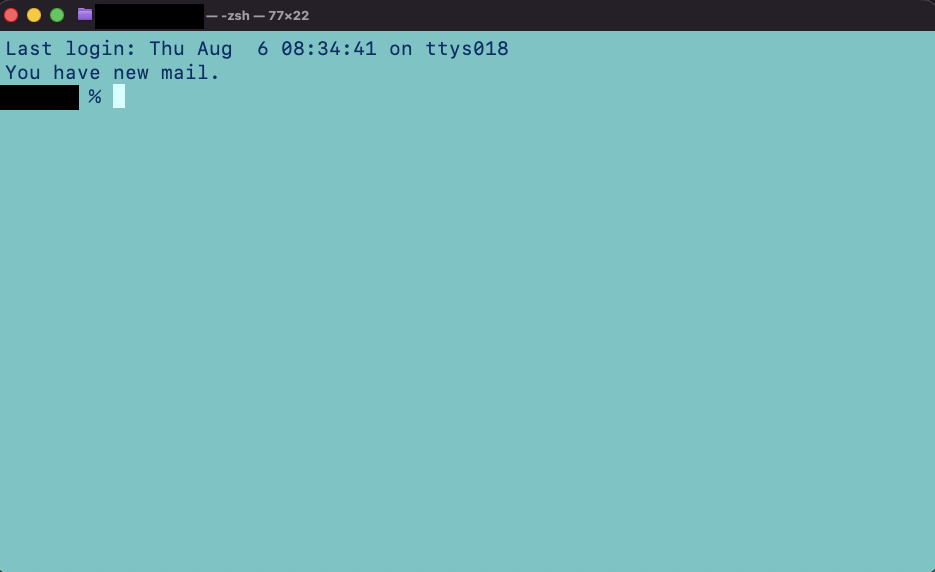 Mac のターミナルを起動した直後の画面。Last login の行の下に、パーセント記号で終わる入力待ちの行が表示されている。