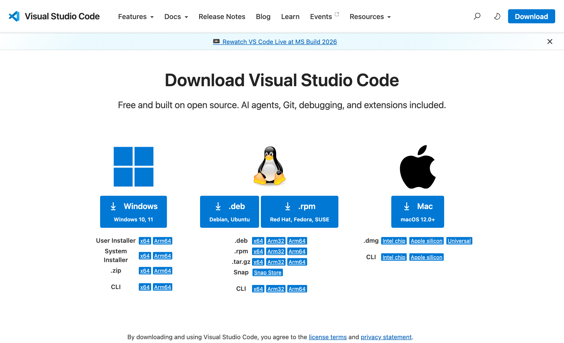 Visual Studio Code の公式ダウンロードページ。Windows・Linux・Mac の3つのブロックが横に並び、それぞれに青いダウンロードボタンが置かれている。